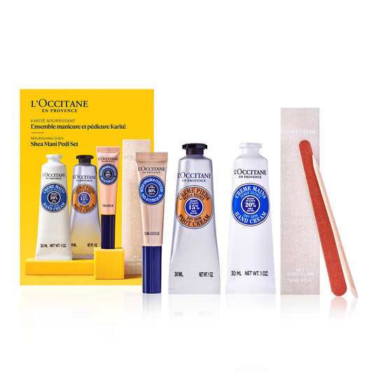 L'OCCITANE Shea Mani Pedi Set: Soften, Moisturize and Comfort Skin, Set Includes Shea Butter Hand Cream, Foot Cream, Nail & Cuticle Oil, Gift Set