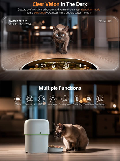 Automatic Cat Feeders with Camera - 5G WiFi App Control 1080 HD Video with Night Vision, 2-Way Audio 2L/4L Cat Food Dispenser Easy to Use and Clean, Timed Pet Feeder Also for Dogs