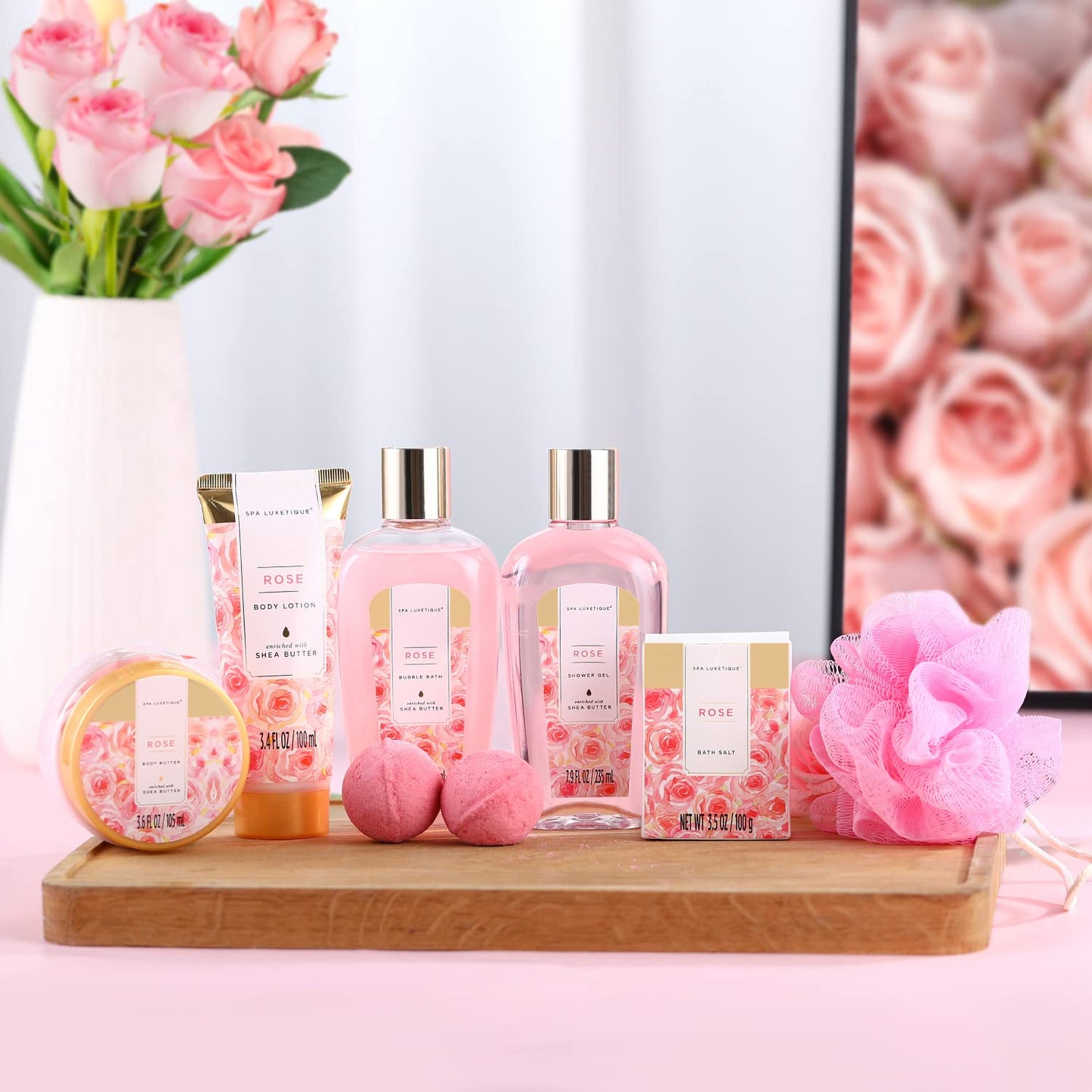 Gift Set For Women, Spa Luxetique Bath Sets for Women Gift, 8 Pcs Rose Spa Basket Includes Bubble Bath, Shower Gel, Body Lotion, Birthday Spa Gifts, Mothers Day Gifts for Mom