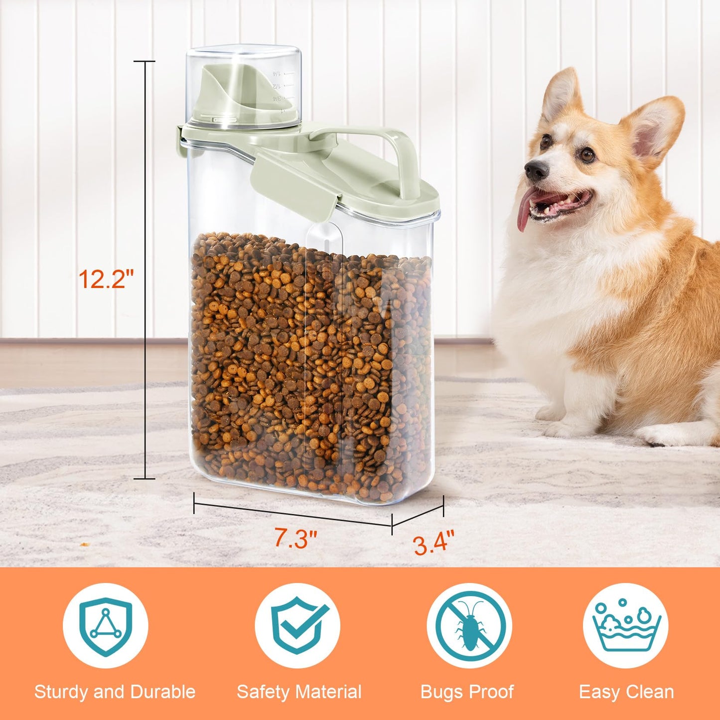 Dog Food Container, 3-5 Lb Dog Food Storage Containers with Airtight, Large Pour Spout Cat Food Container with Measuring Cups, Portable Travel Pet Food Storage Container (White)