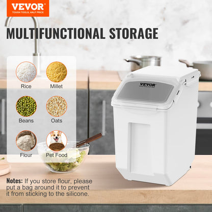 VEVOR Ingredient Storage Bin, 2 x 15L Dispenser Bin with 2 Measuring Cups, Attachable Casters and Airtight Lid, 2 Pcs/Set Dog Pet Food Storage Container, PP Material Kitchen Rice Cereal Flour Bin