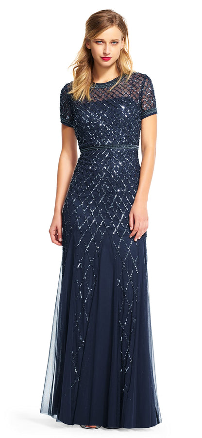 Women's Short-Sleeve Grid Beaded Gown, Navy, 4