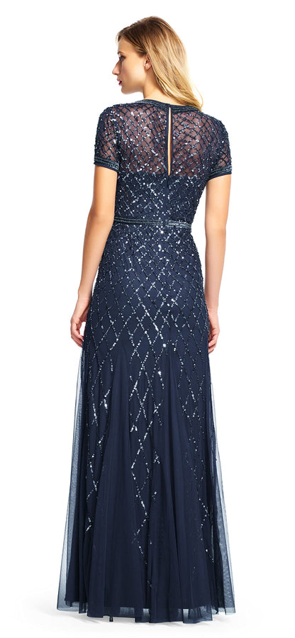 Women's Short-Sleeve Grid Beaded Gown, Navy, 4