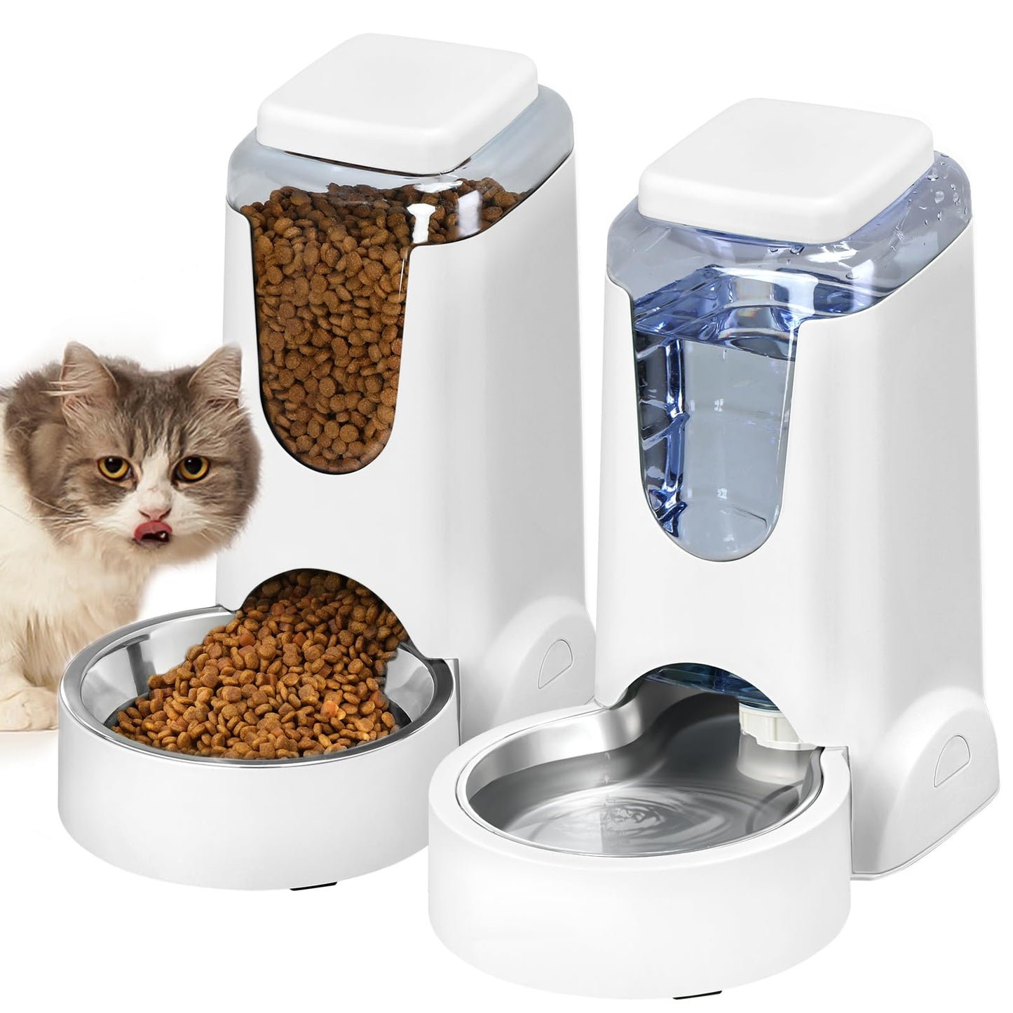 Automatic Cat Feeder and Water Dispenser with Stainless Steel Bowl Dog Gravity Food Feeder and Waterer for Small Medium Pets Puppy Kitten 1 Gallon x 2