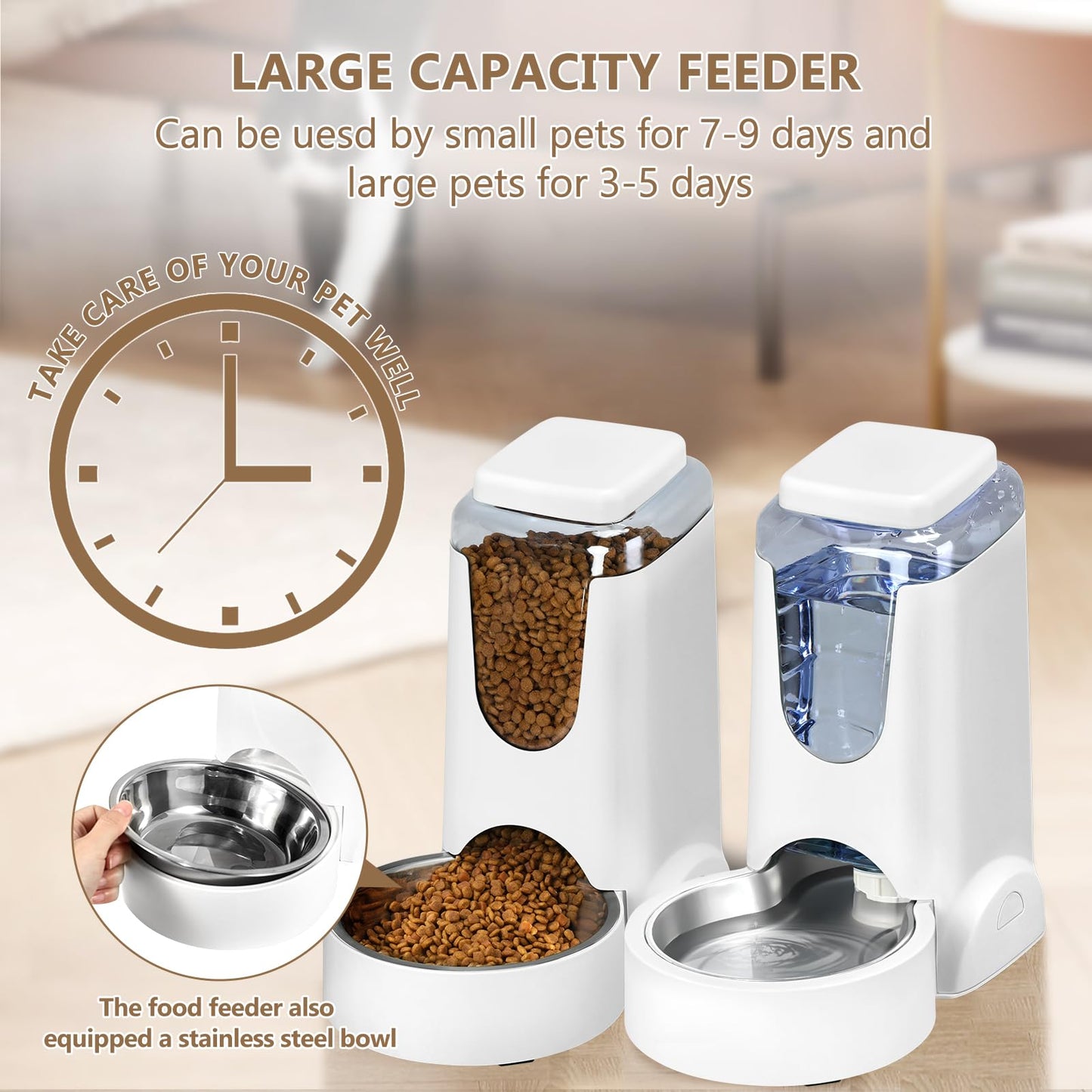 Automatic Cat Feeder and Water Dispenser with Stainless Steel Bowl Dog Gravity Food Feeder and Waterer for Small Medium Pets Puppy Kitten 1 Gallon x 2