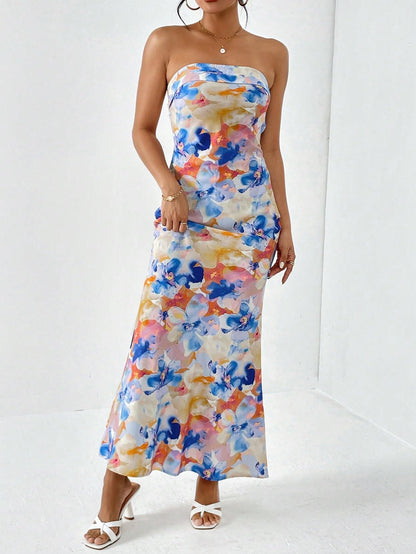 Women's Floral Backless Long Tube Dress Strapless Cut Out Flared Hem Maxi Dresses Multicolor Small