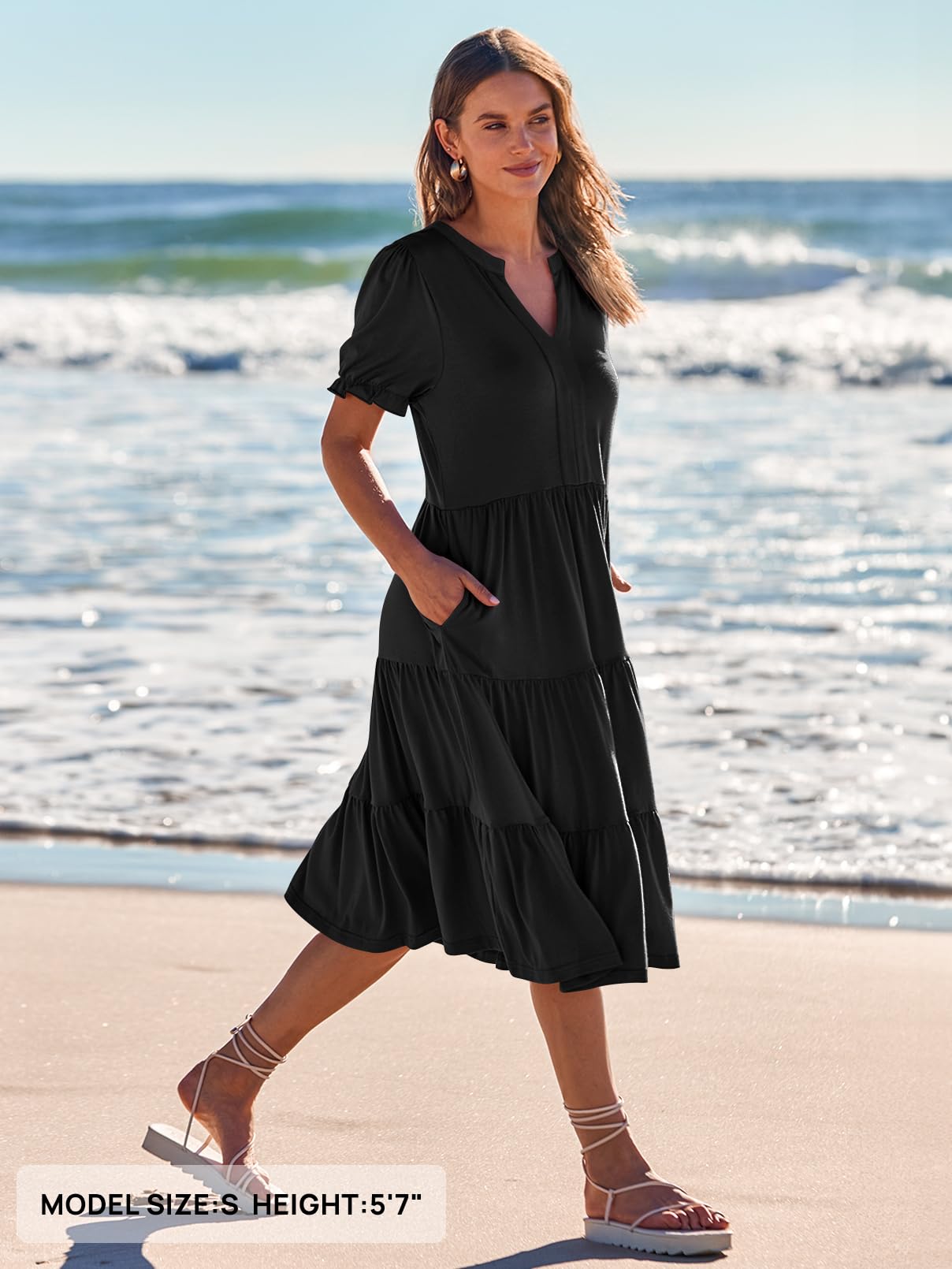 Women's 2024 Summer Short Puff Sleeve Midi Dress