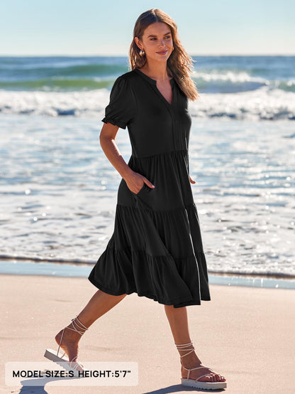 Women's 2024 Summer Short Puff Sleeve Midi Dress