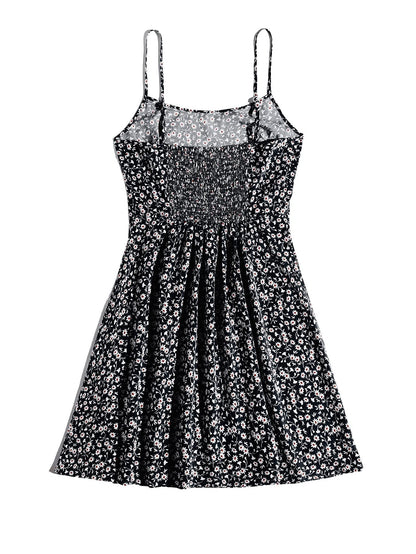 Women's Summer Floral Cherry Print A Line Short Cami Dress Black Multi