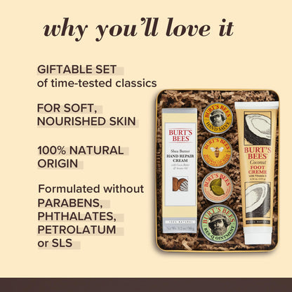 Burt's Bees Gifts Ideas - Classics Set, 6 Products in Giftable Tin – Cuticle Cream, Hand Salve, Lip Balm, Res-Q Ointment, Hand Repair Cream and Foot Cream