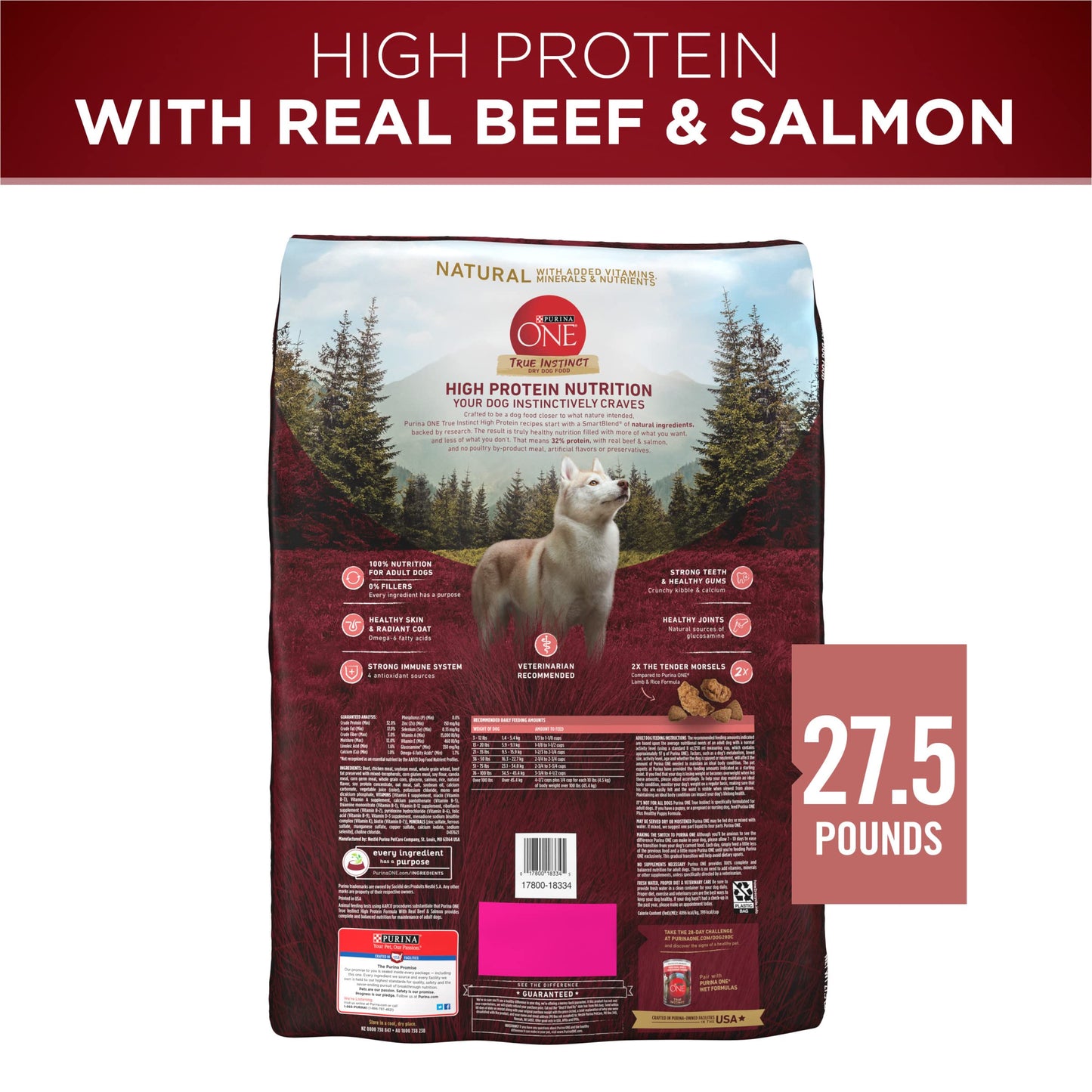 Natural High Protein Dry Dog Food Dry True Instinct with Real Beef and Salmon With Bone Broth and Added Vitamins, Minerals and Nutrients - 27.5 lb. Bag