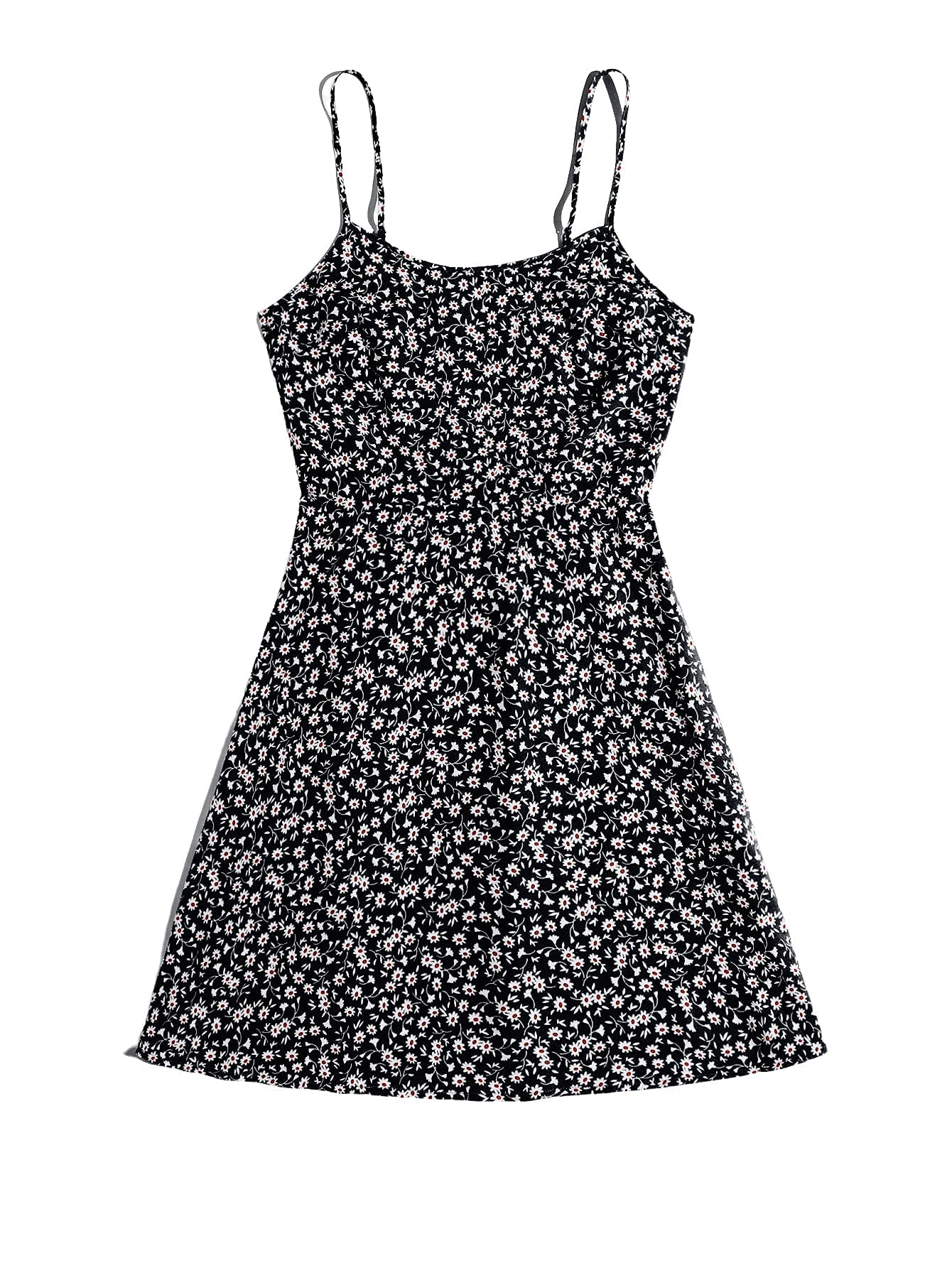 Women's Summer Floral Cherry Print A Line Short Cami Dress Black Multi