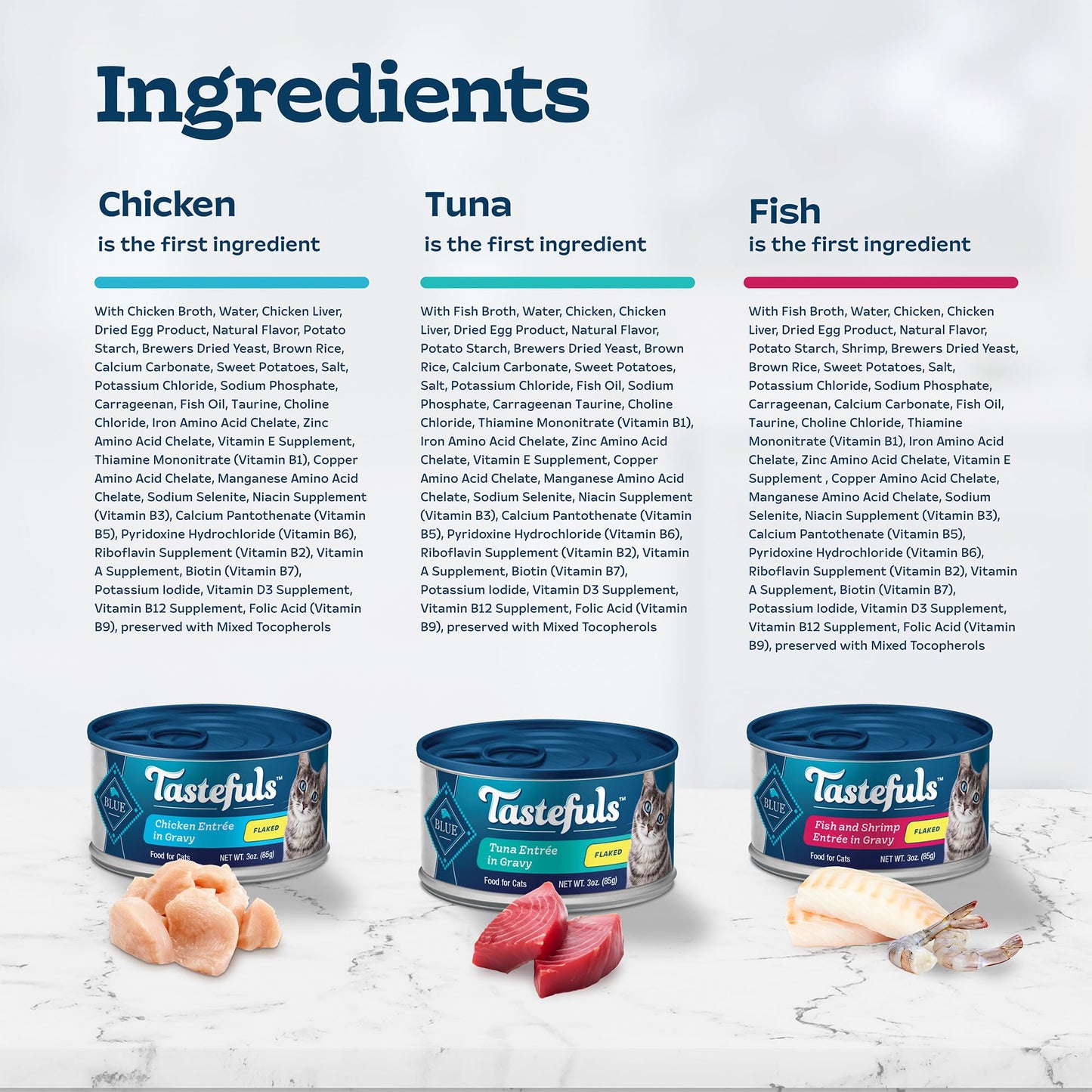 Blue Buffalo Tastefuls Flaked Wet Cat Food Variety Pack, Made with Natural Ingredients | Tuna, Chicken, Fish & Shrimp, 3-oz. Cans (12 Count, 4 of Each)