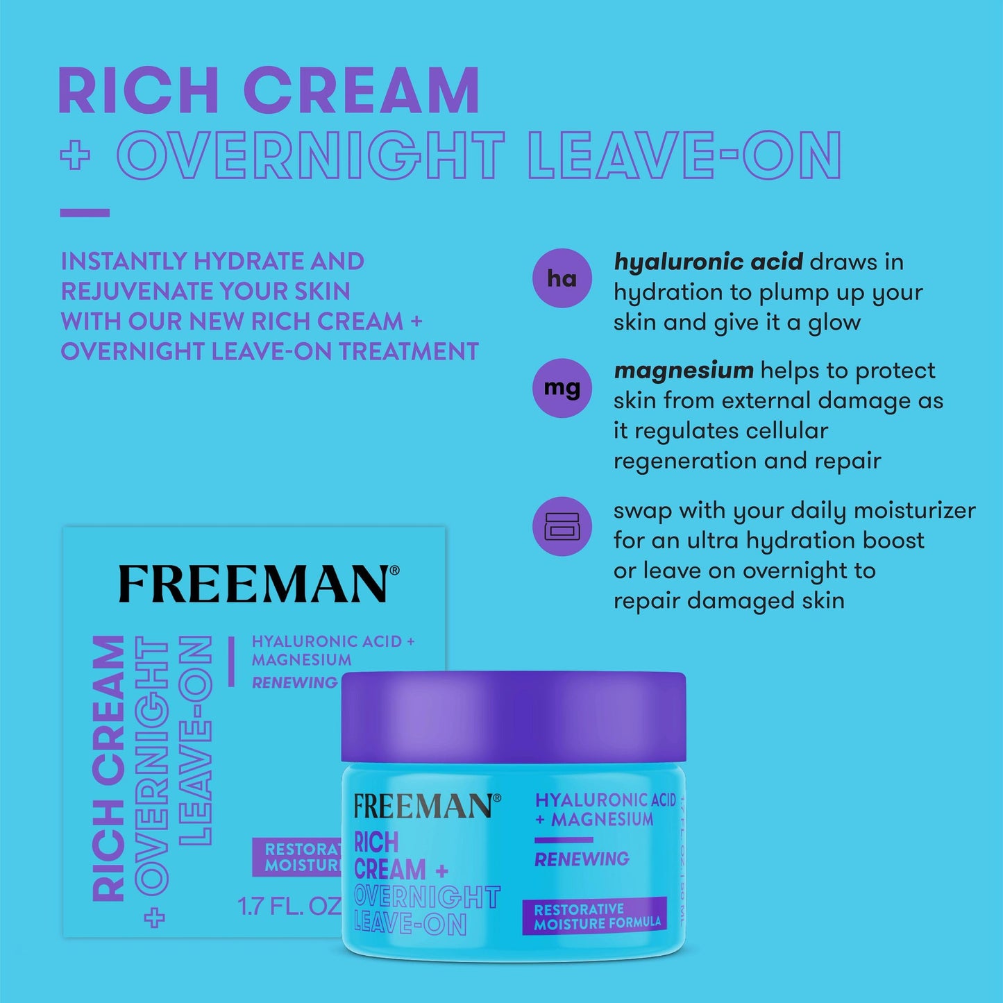 Freeman Restorative Moisturizing & Repairing Rich Cream + Overnight Leave-On Treatment, For Dull & Tired Skin, Infused With Magnesium & Hyaluronic Acid To Hydrate, 1.7 fl.oz./ 50 mL Jar