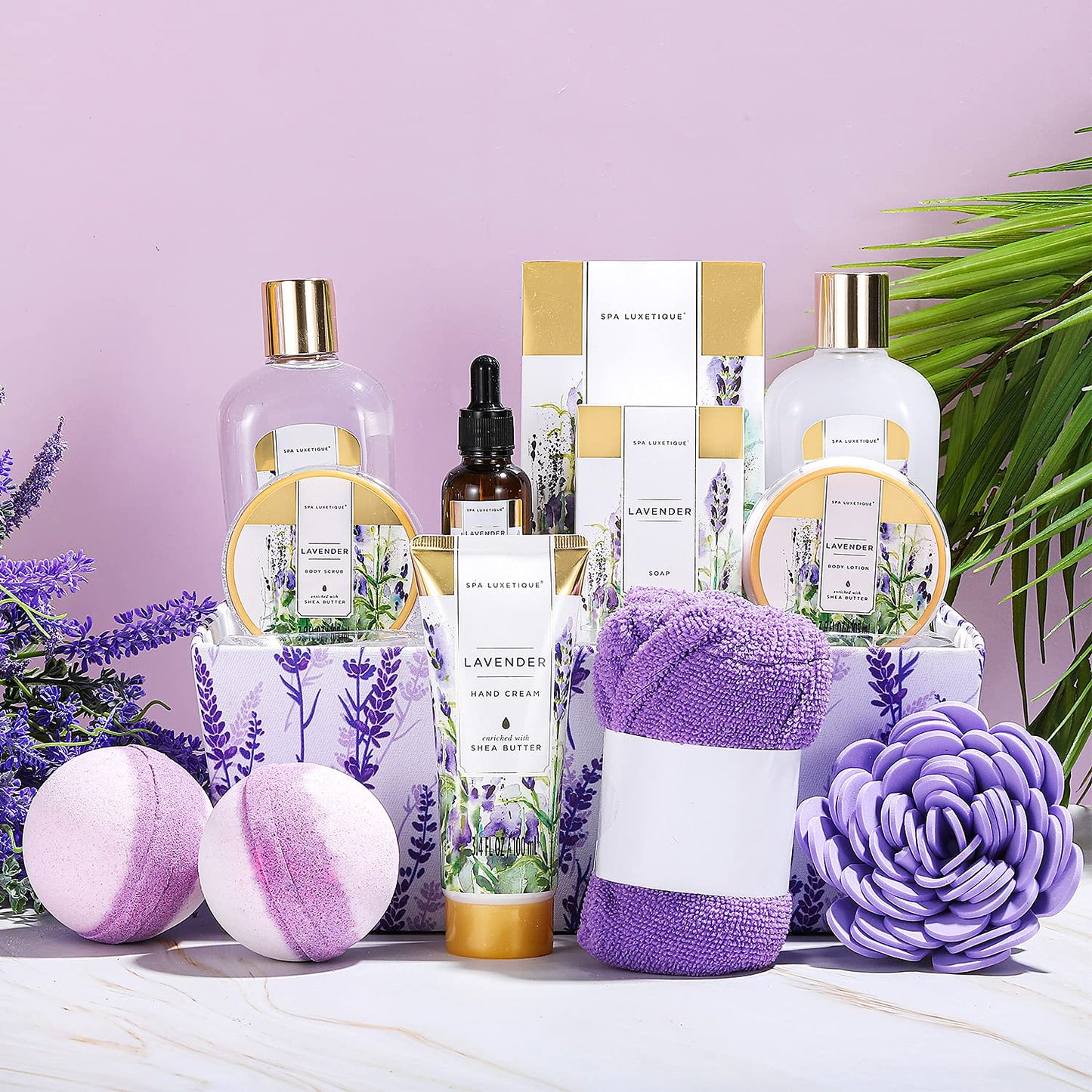 Spa Gift Basket, Spa Luxetique Lavender Spa Kit for Women - 12 Pcs Lavender Scented Spa Gift Set, Home Spa Set with Essential Oil, Bubble Bath, Bath Salts, Body Scrub, Mothers Day Gifts for Mom