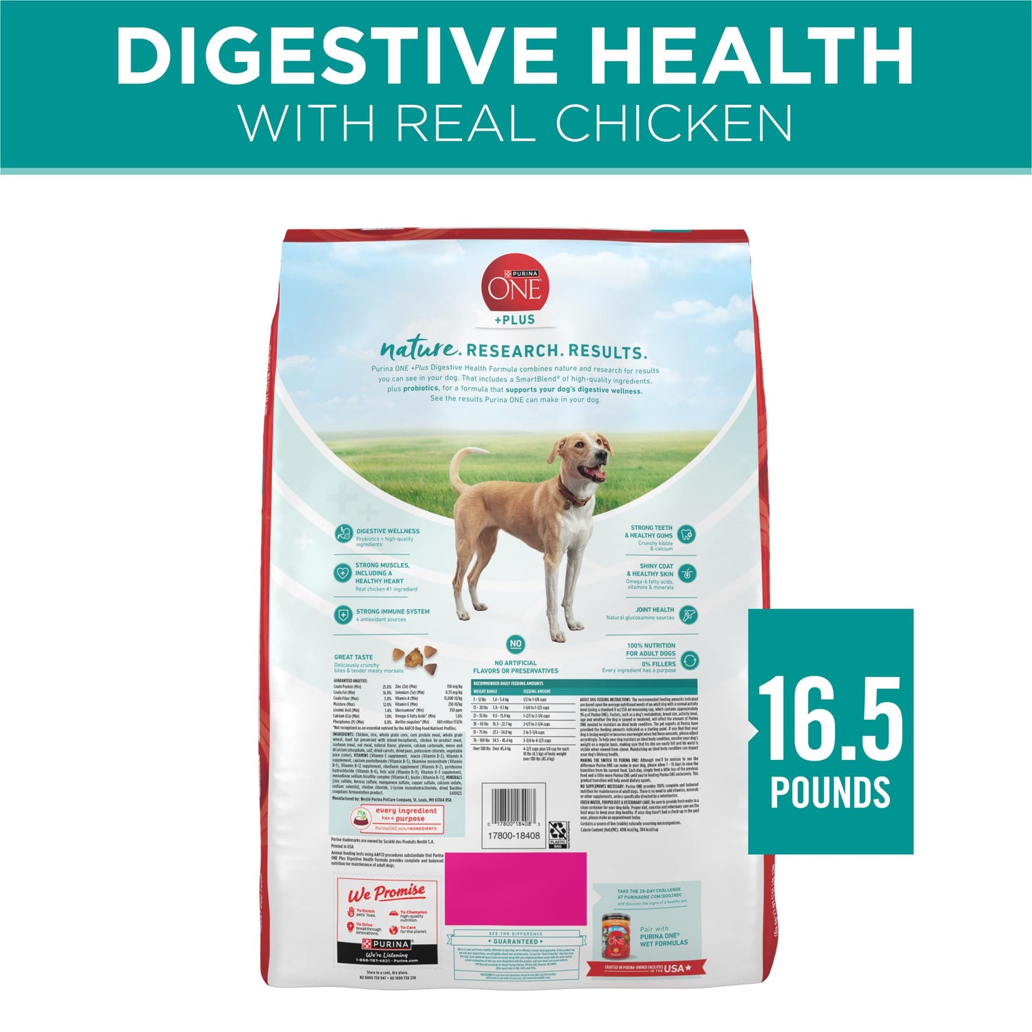 Purina One Plus Digestive Health Formula Dry Dog Food Natural with Added Vitamins, Minerals and Nutrients - 16.5 lb. Bag