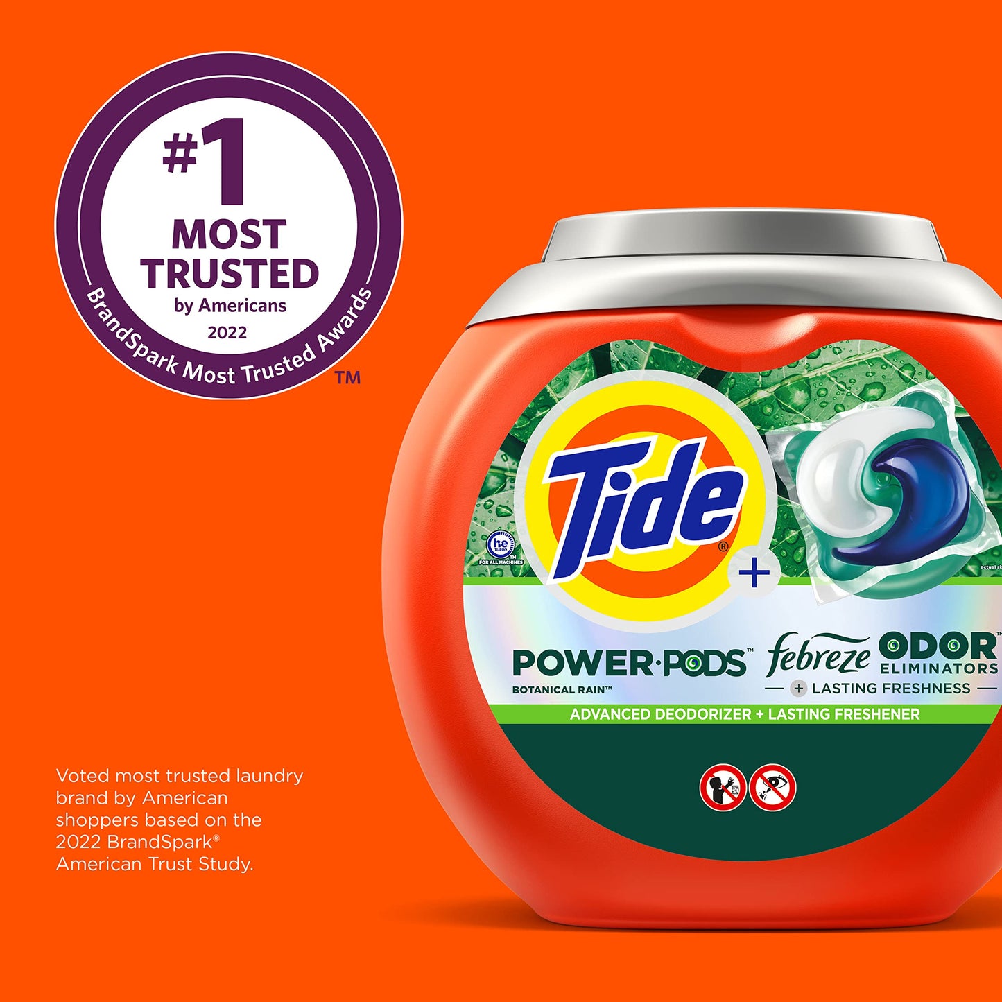 Tide Power Pods Laundry Detergent Pacs with Febreze Freshness with Odor Eliminators, Botanical Rain Scent, 45 Count