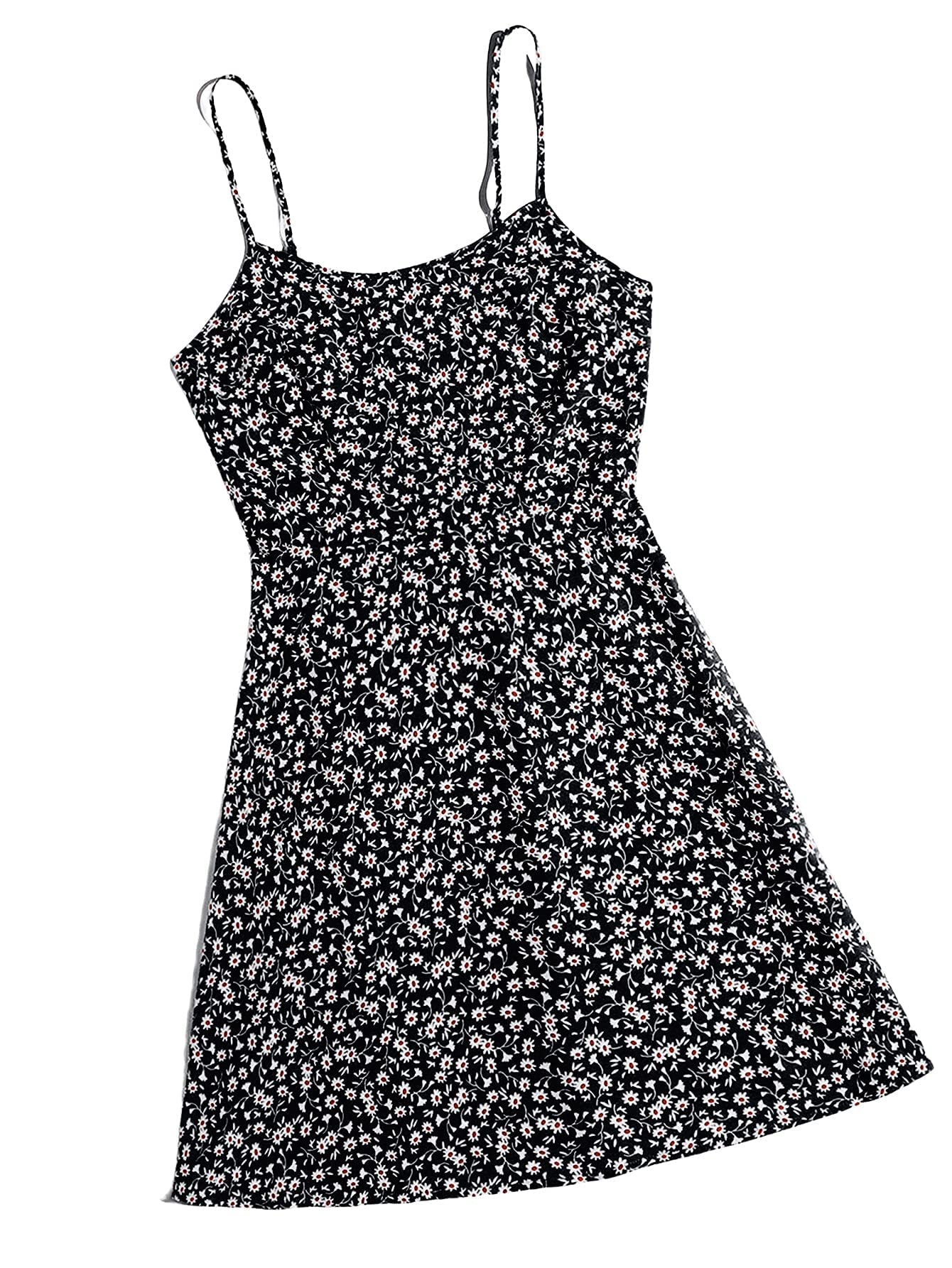 Women's Summer Floral Cherry Print A Line Short Cami Dress Black Multi