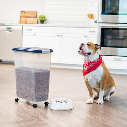 Airtight Dog Food Storage Container, Up to 38 lbs, Attachable Wheels, For Dog Cat Bird and Other Pet Food Storage Bin, Keep Fresh, Translucent Body, Easy Mobility, Navy