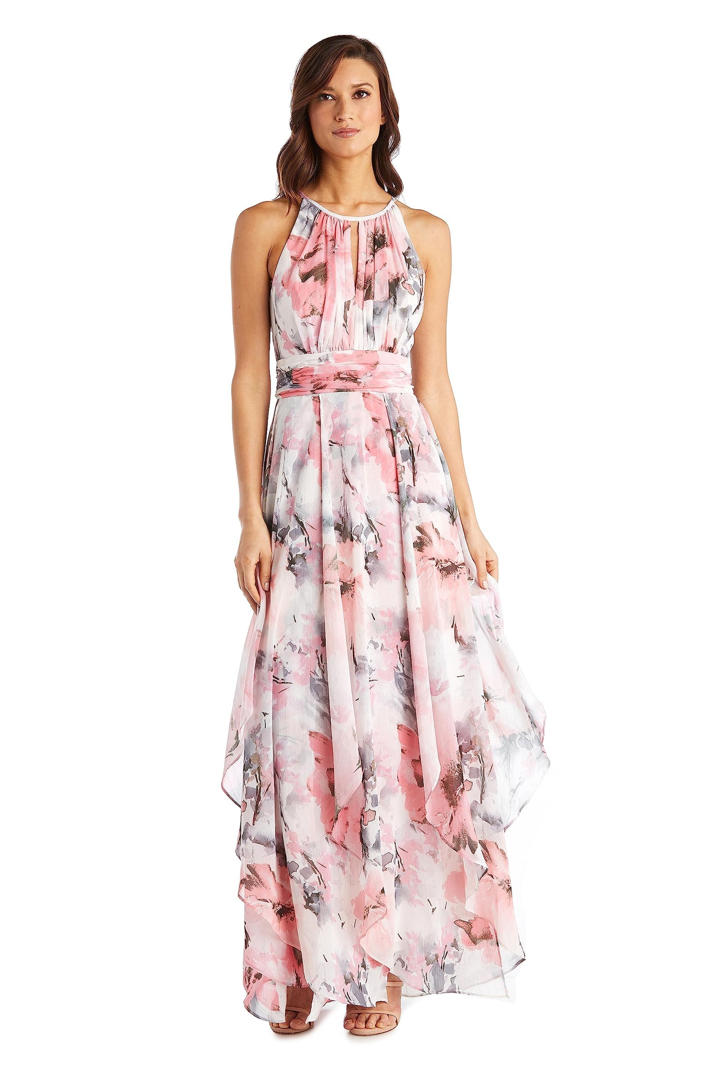 Women's Long Halter Sheer Printed Chiffon Floral Maxi Dress, Pink