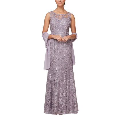 Women's Long Sleeveless Dress with Shawl, Wisteria