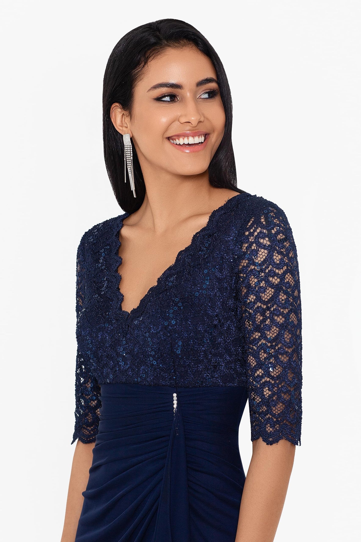 Women's Long Sleeve V-Neck Lace and Sheer Matte Jersey Gown