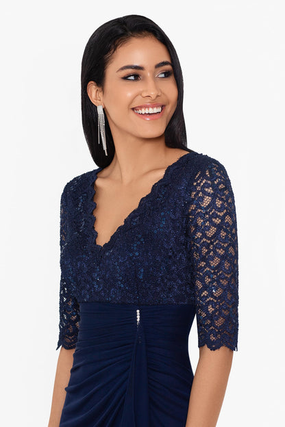 Women's Long Sleeve V-Neck Lace and Sheer Matte Jersey Gown