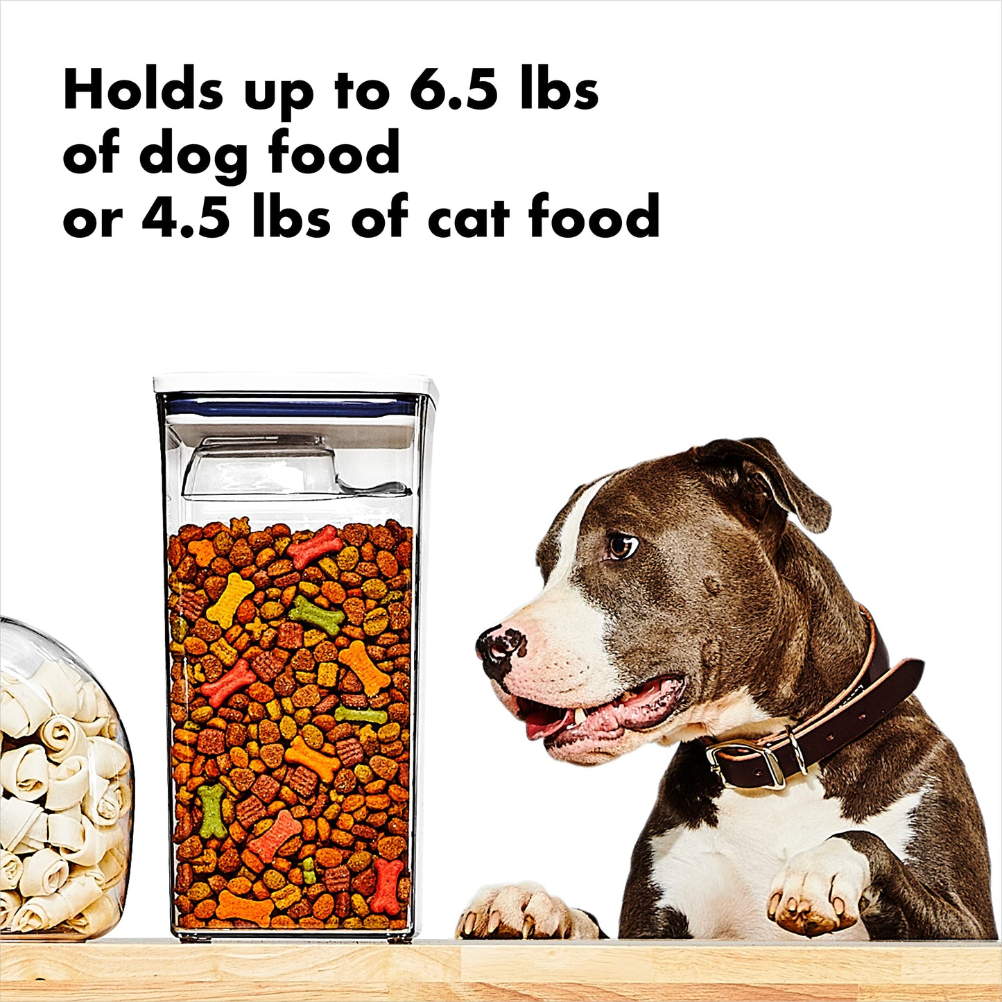 Good Grips Pet POP Container – 6.0 Qt/5.7 L with Half Scoop |Ideal for up to 6.5lbs of Dog Food or 4.5lbs of Cat Food | Airtight Dog and Cat Food Storage Container | BPA Free, Clear