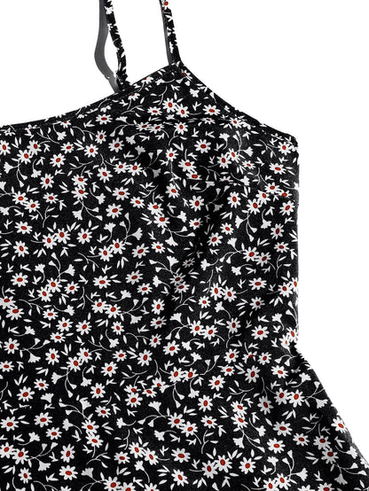 Women's Summer Floral Cherry Print A Line Short Cami Dress Black Multi